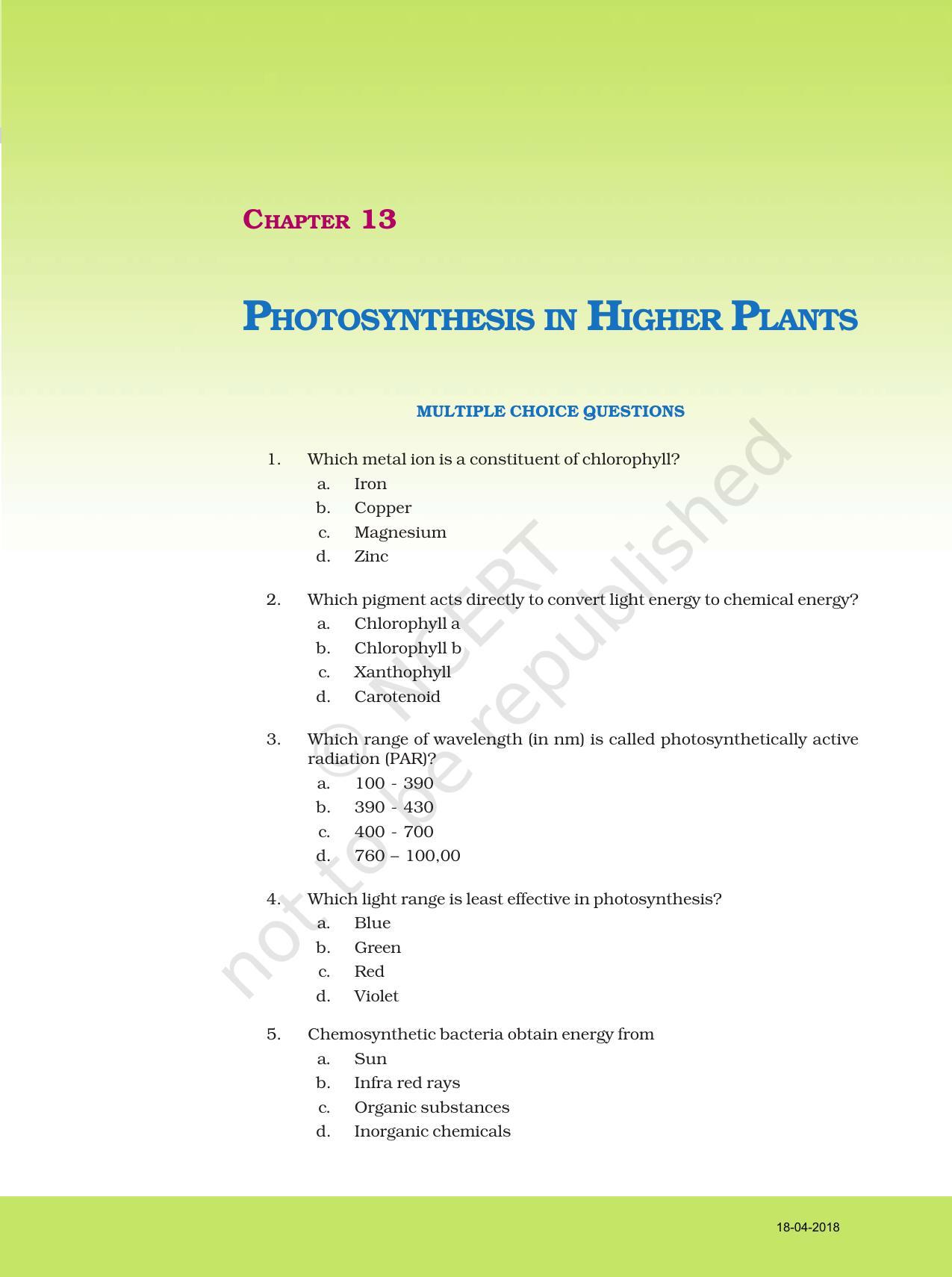 NCERT Exemplar Book for Class 11 Biology: Chapter 13 Photosynthesis in Higher Plants - Page 1