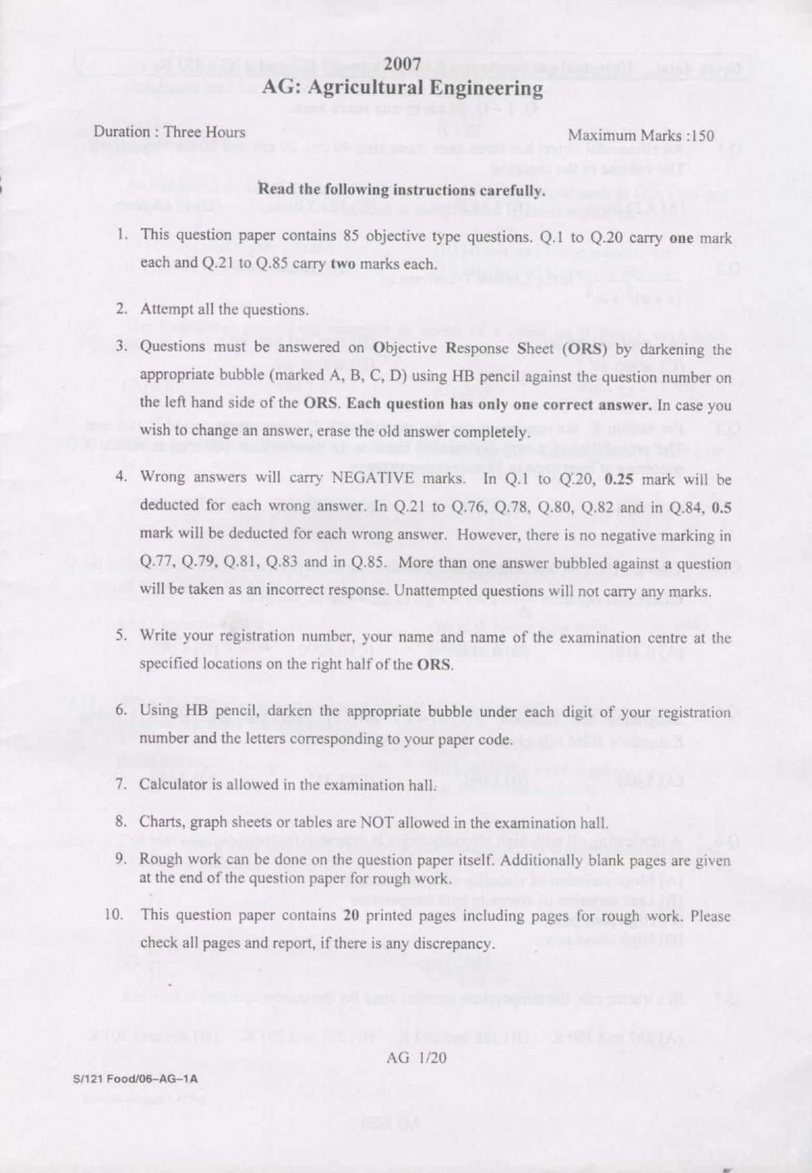 GATE 2007 Agricultural Engineering (AG) Question Paper with Answer Key - Page 1