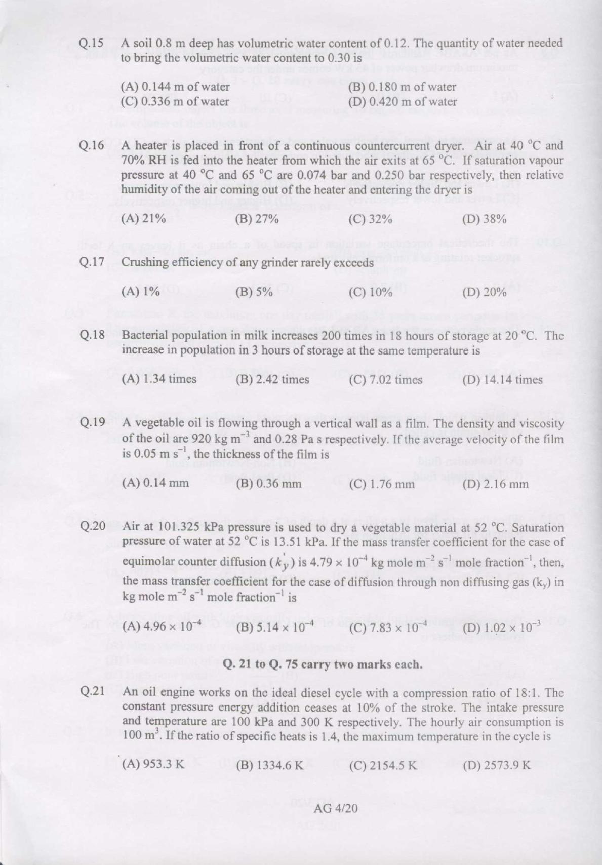 GATE 2007 Agricultural Engineering (AG) Question Paper with Answer Key - Page 4