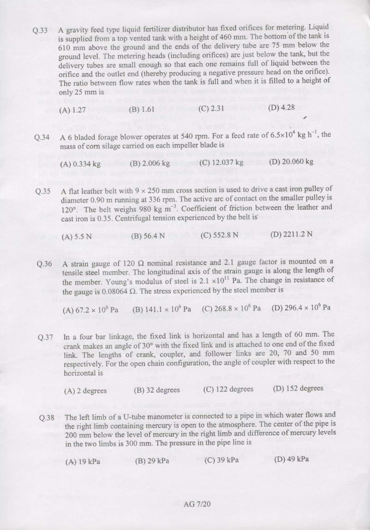 GATE 2007 Agricultural Engineering (AG) Question Paper with Answer Key - Page 7