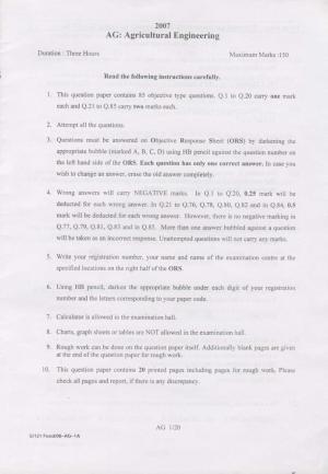 GATE 2007 Agricultural Engineering (AG) Question Paper with Answer Key