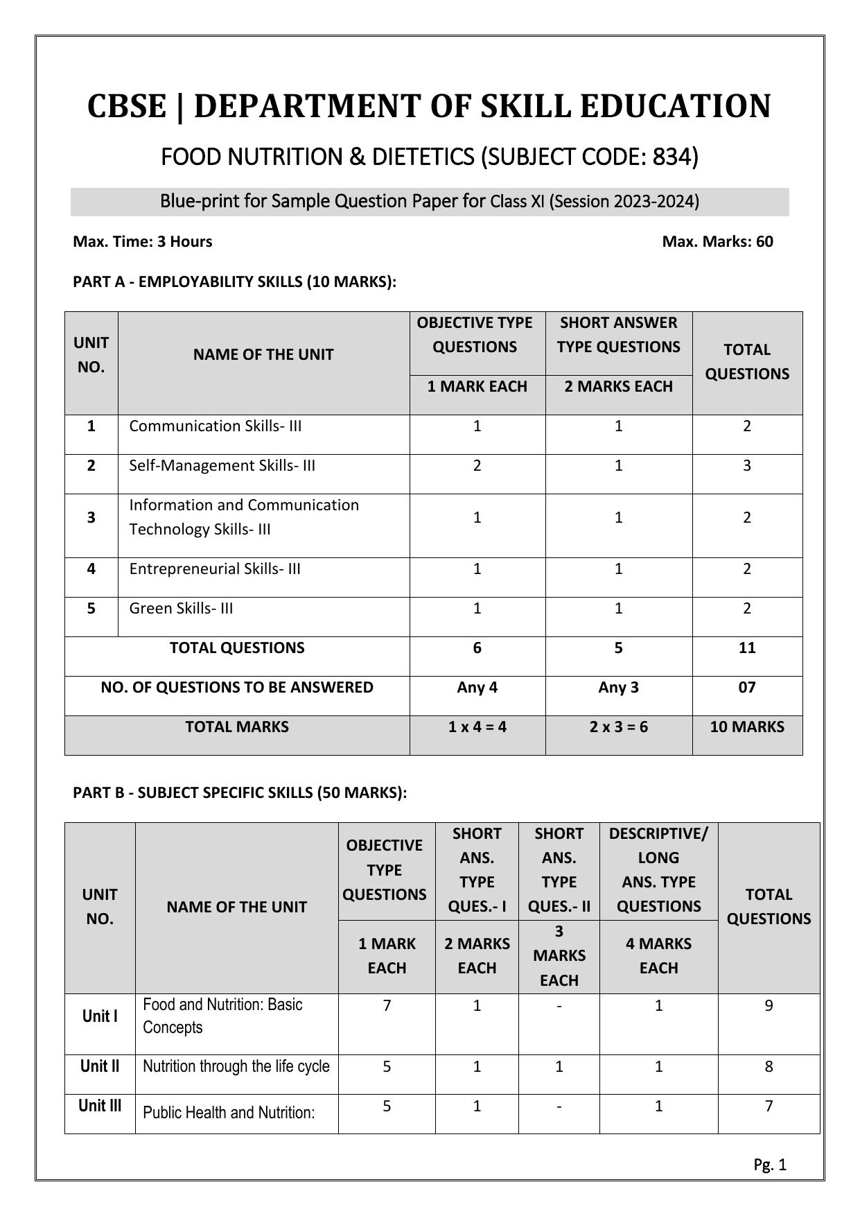 CBSE Class 11: FOOD NUTRITION & DIETETICS 2024 Sample Paper - Page 1