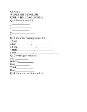 Worksheet for Class 3 English Sea Song Assignment I
