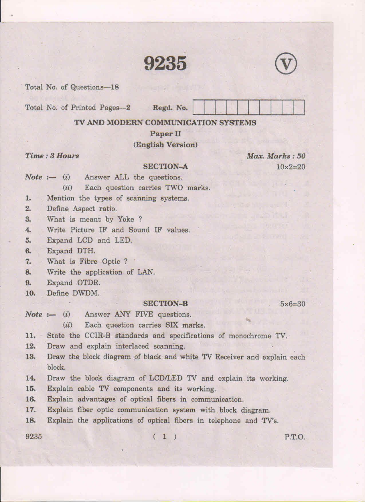 AP Inter 2nd Year TV and Modern Communication Systems-II March-2019-Vocational Question Paper - Page 1