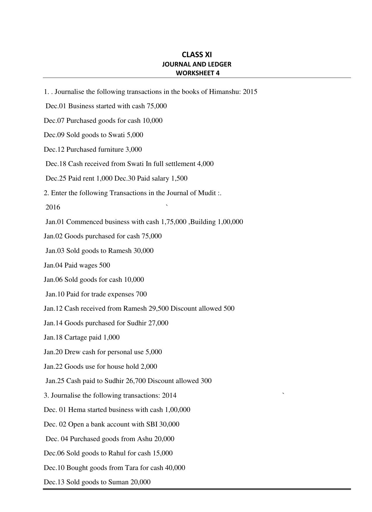 CBSE Worksheets for Class 11 Accountancy Journal and Ledger Assignment - Page 1