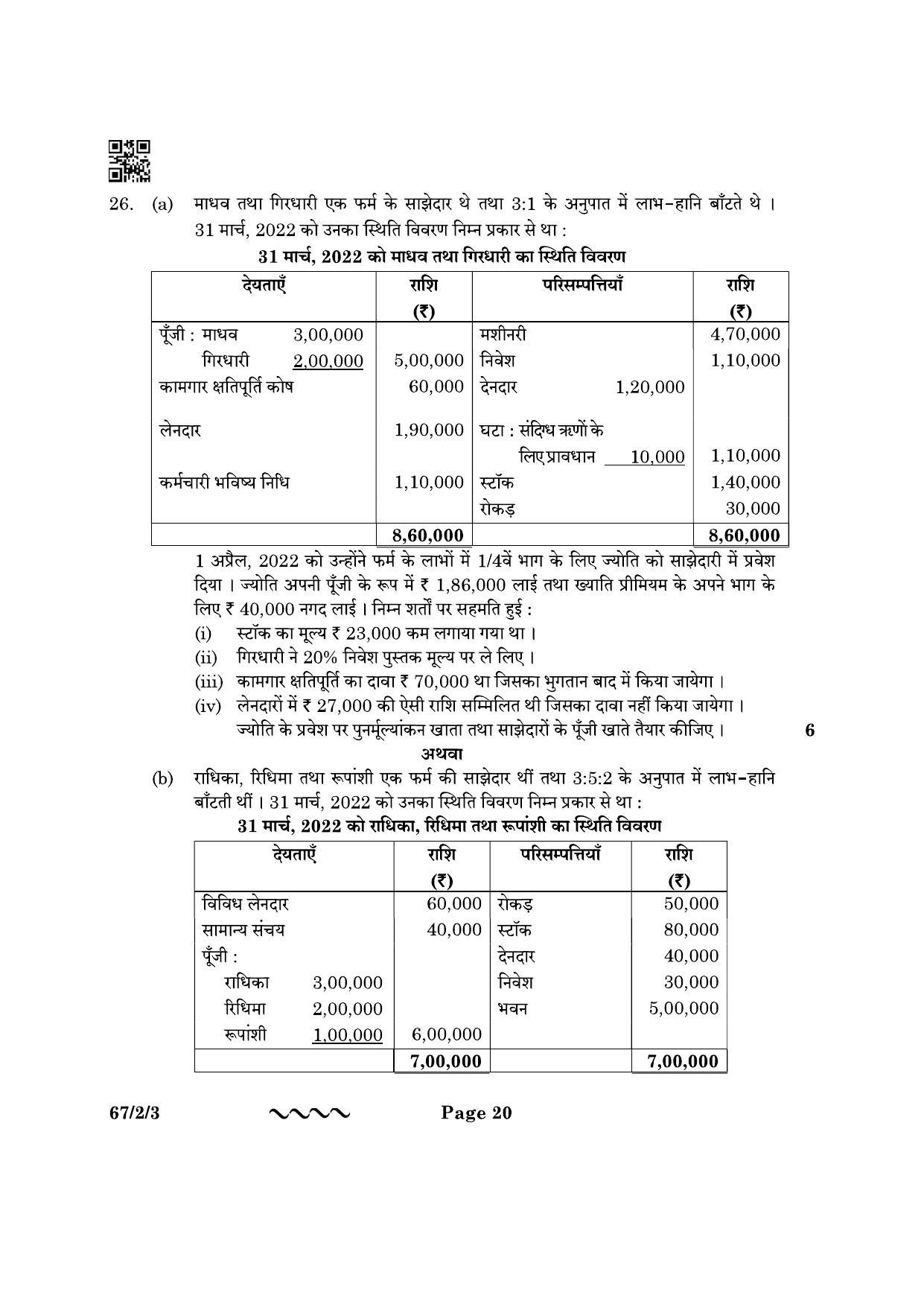 CBSE Class 12 67-2-3 Accountancy 2023 Question Paper - Page 20