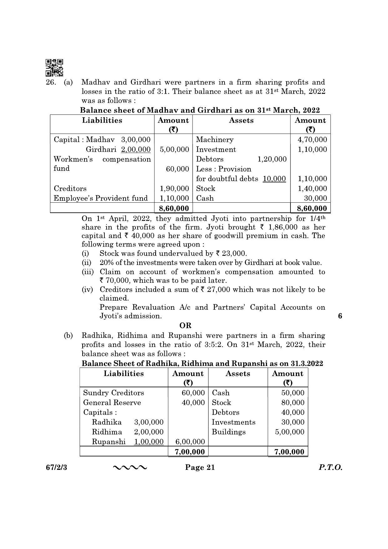 CBSE Class 12 67-2-3 Accountancy 2023 Question Paper - Page 21