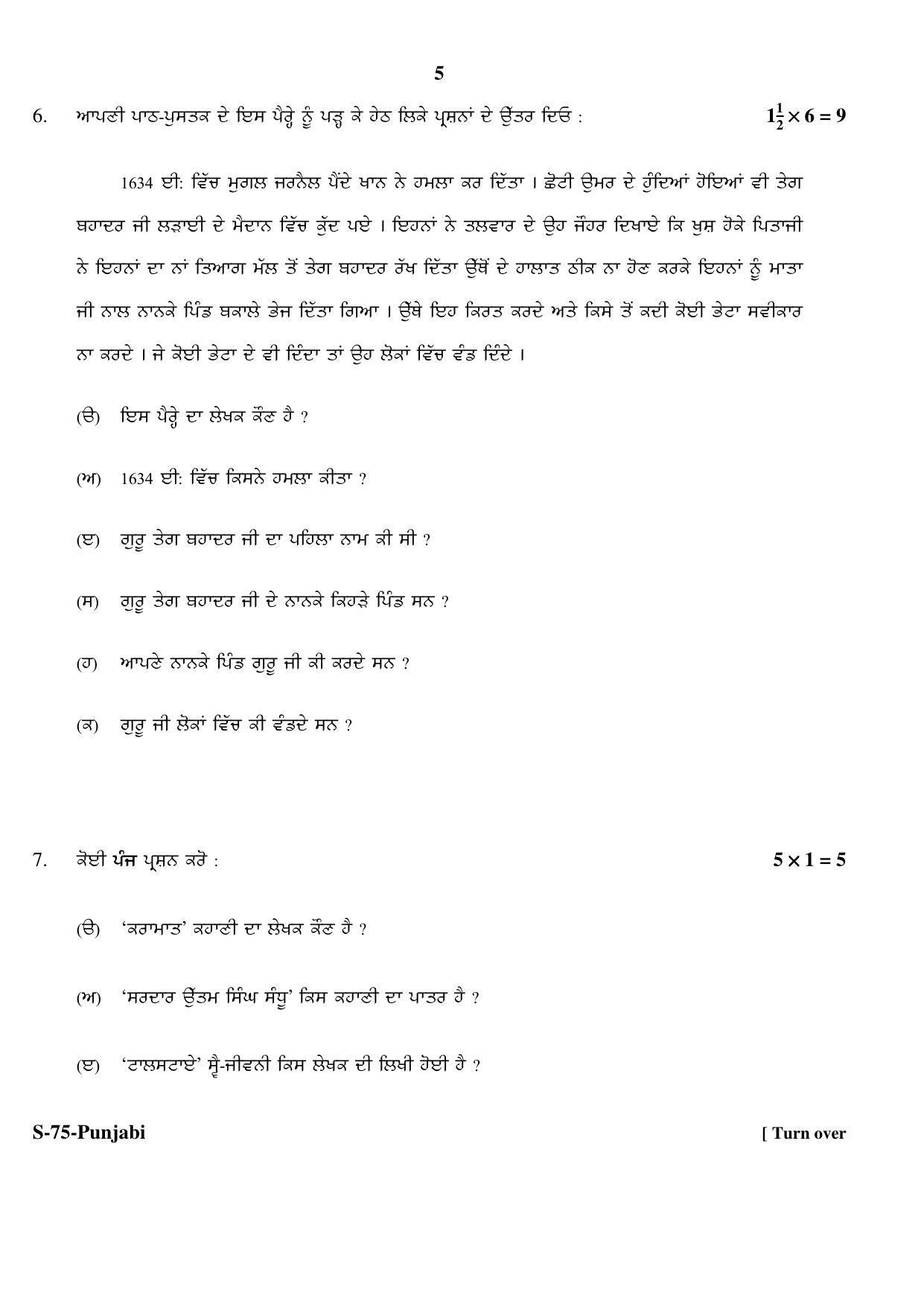 RBSE Class 10 Punjabi (T.L.) 2017 Question Paper - Page 5