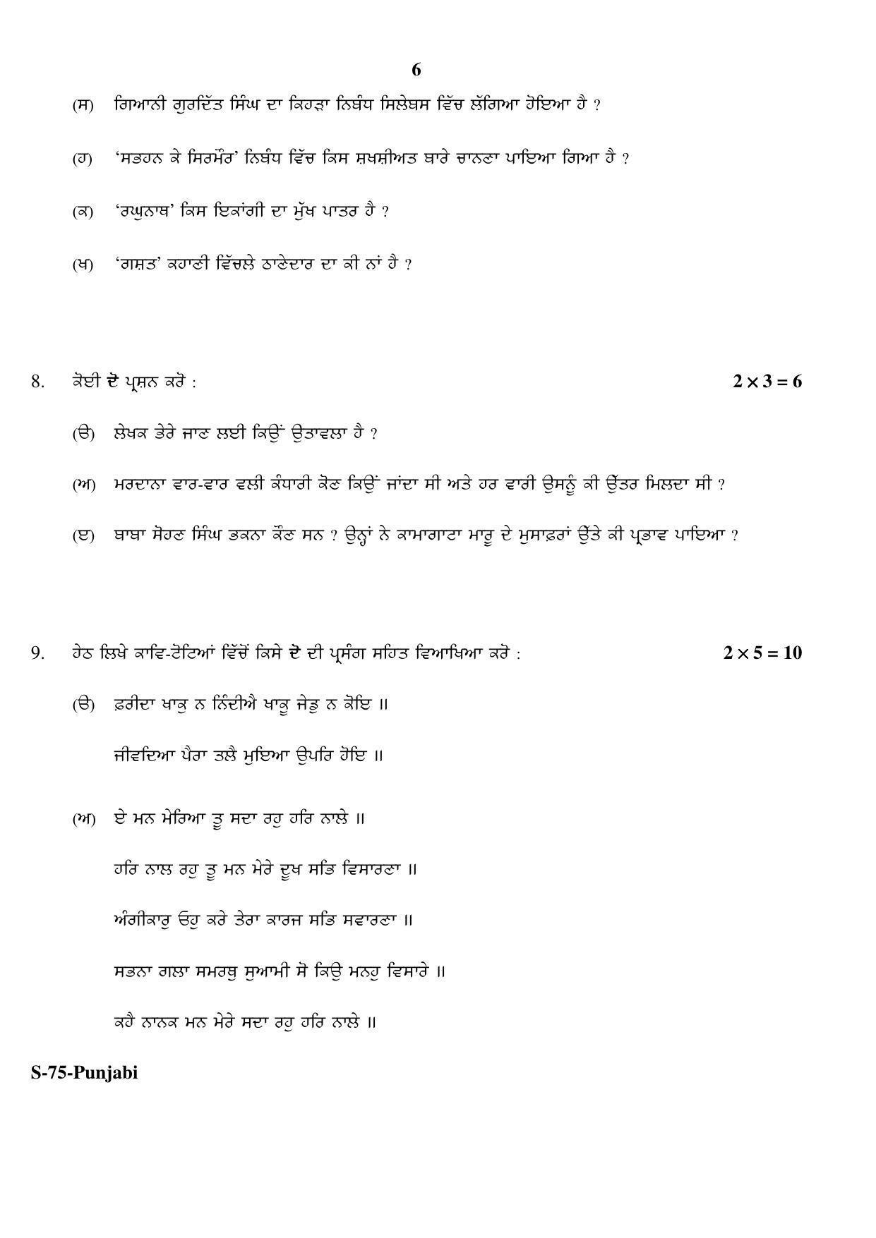 RBSE Class 10 Punjabi (T.L.) 2017 Question Paper - Page 6