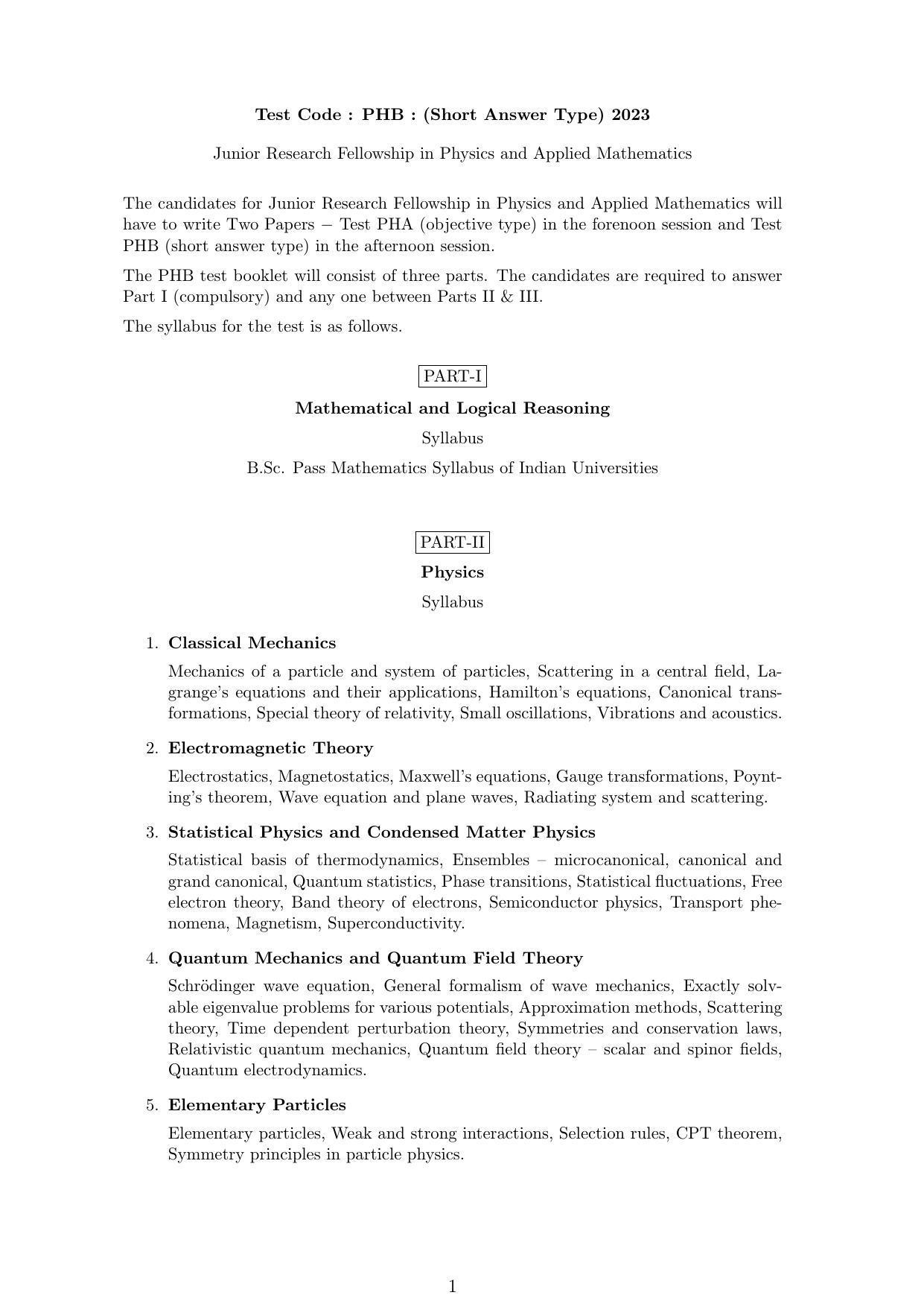 ISI Admission Test JRF in in Physics and Applied Mathematics Syllabus - Page 1