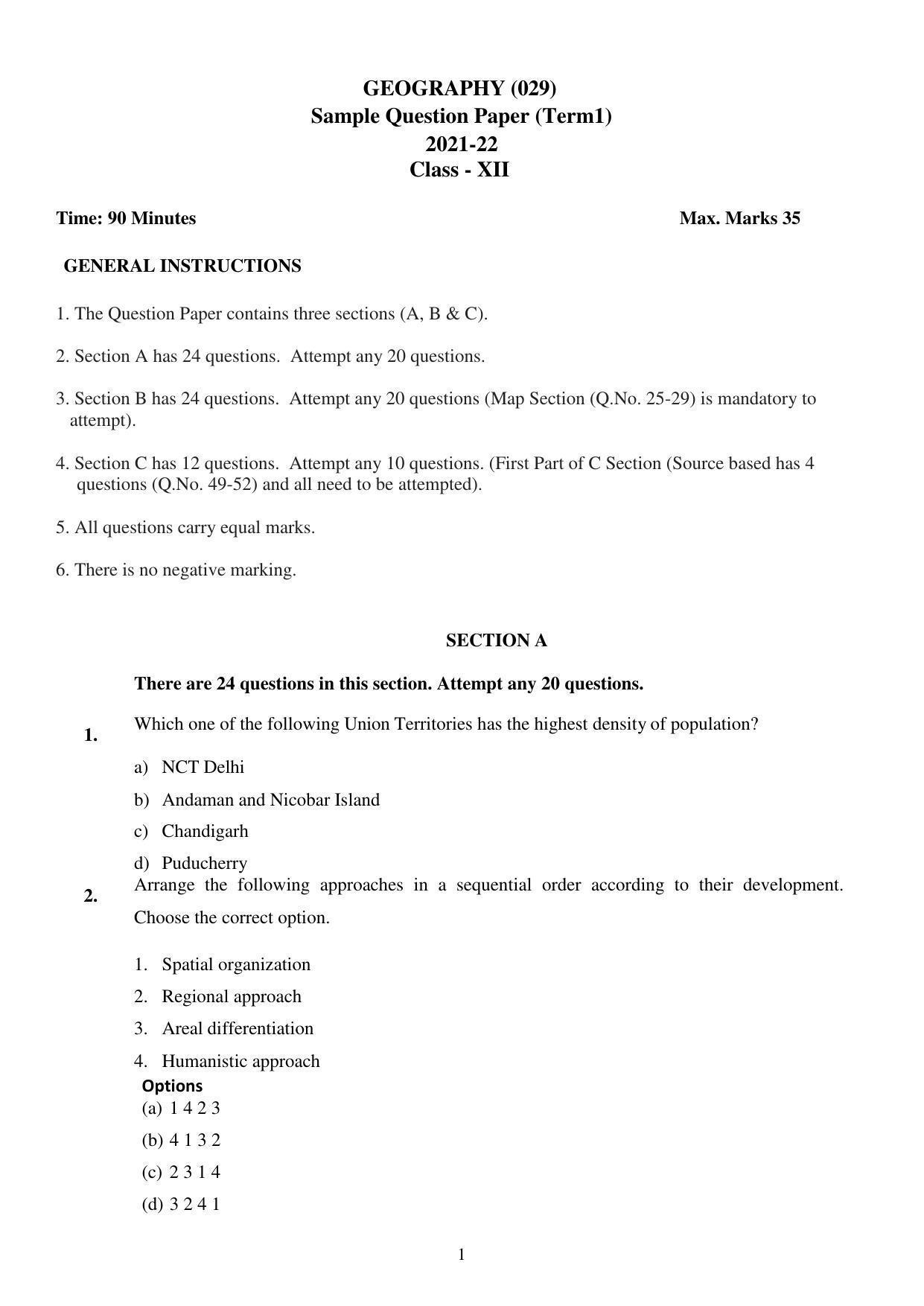 CBSE Class 12th Geography Sample Question Paper 2021-22 - Page 1