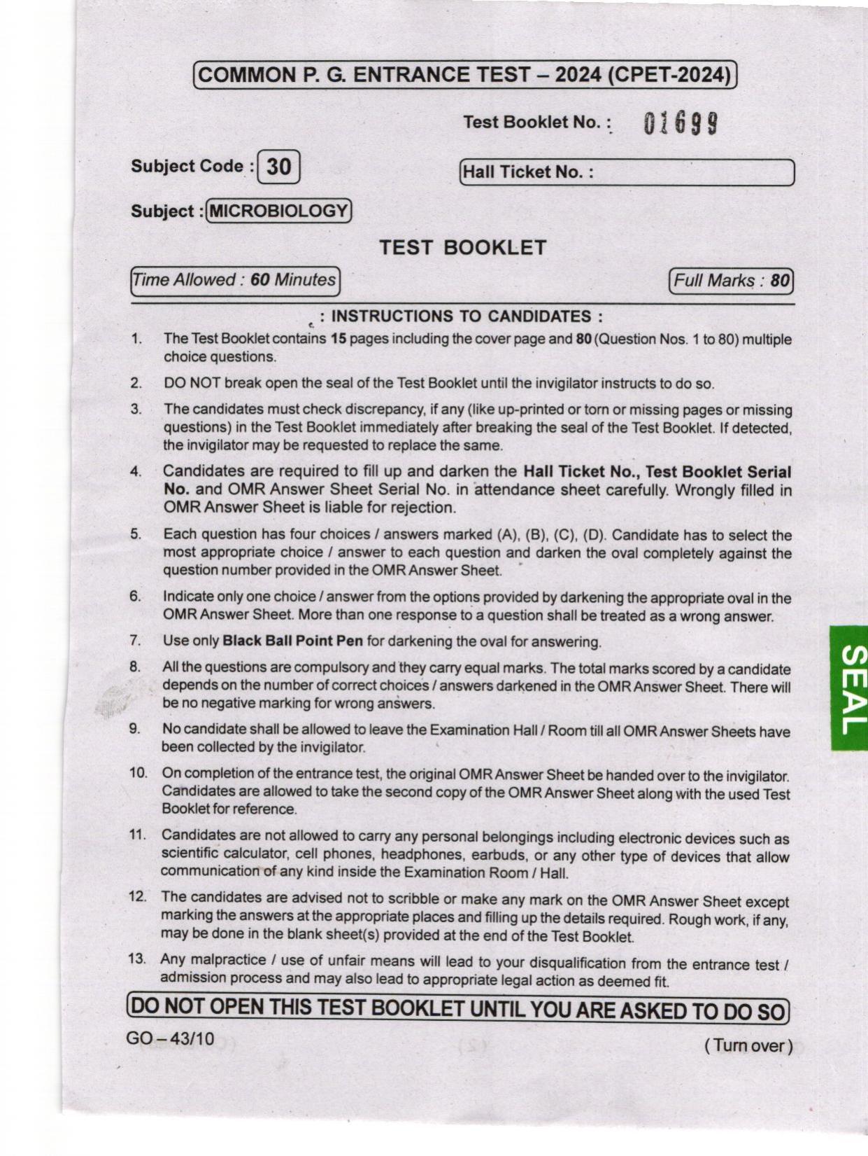 Odisha CPET 2024 MICROBIOLOGY Question Papers - Page 1