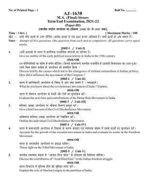 Bilaspur University Question Paper 2021-2022:M.A (Final) History History Of Indian National Movement (1882 A.D. - 1947 A.D.) Paper 1