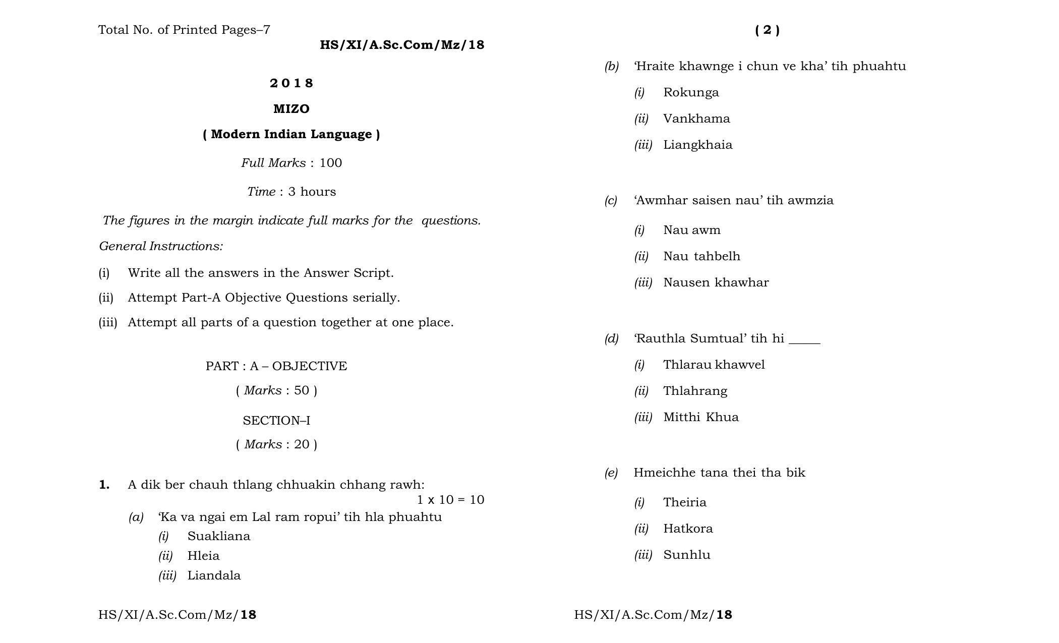 Meghalaya Board (MBOSE) Class 11 Mizo_MIL 2018 Question Paper - Page 1