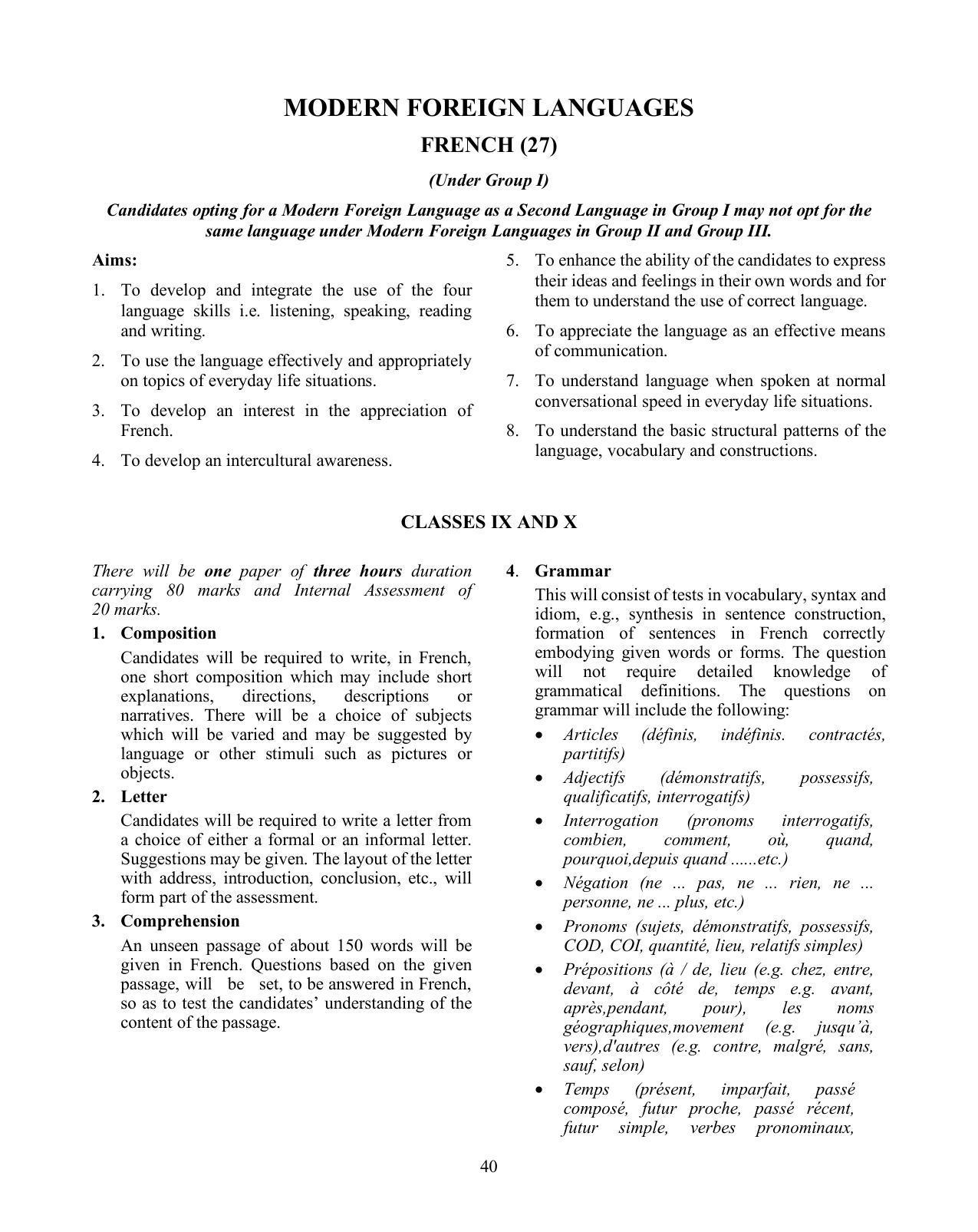 ICSE French Syllabus 2026 - Page 1