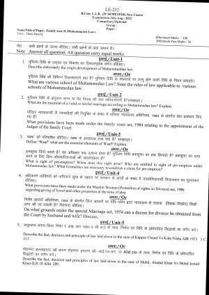Bilaspur University Question Paper July 2022: B.COM. LL.B.Fourth Semester(New Course) Family Law II (Mohammaden Law) Paper 1