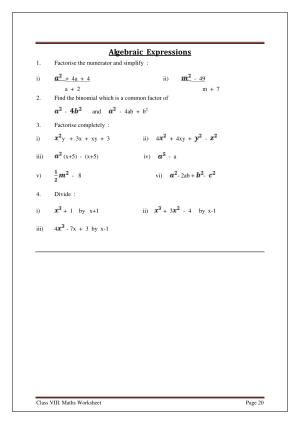 CBSE Worksheets for Class 8 Mathematics Algebraic Expressions Assignment