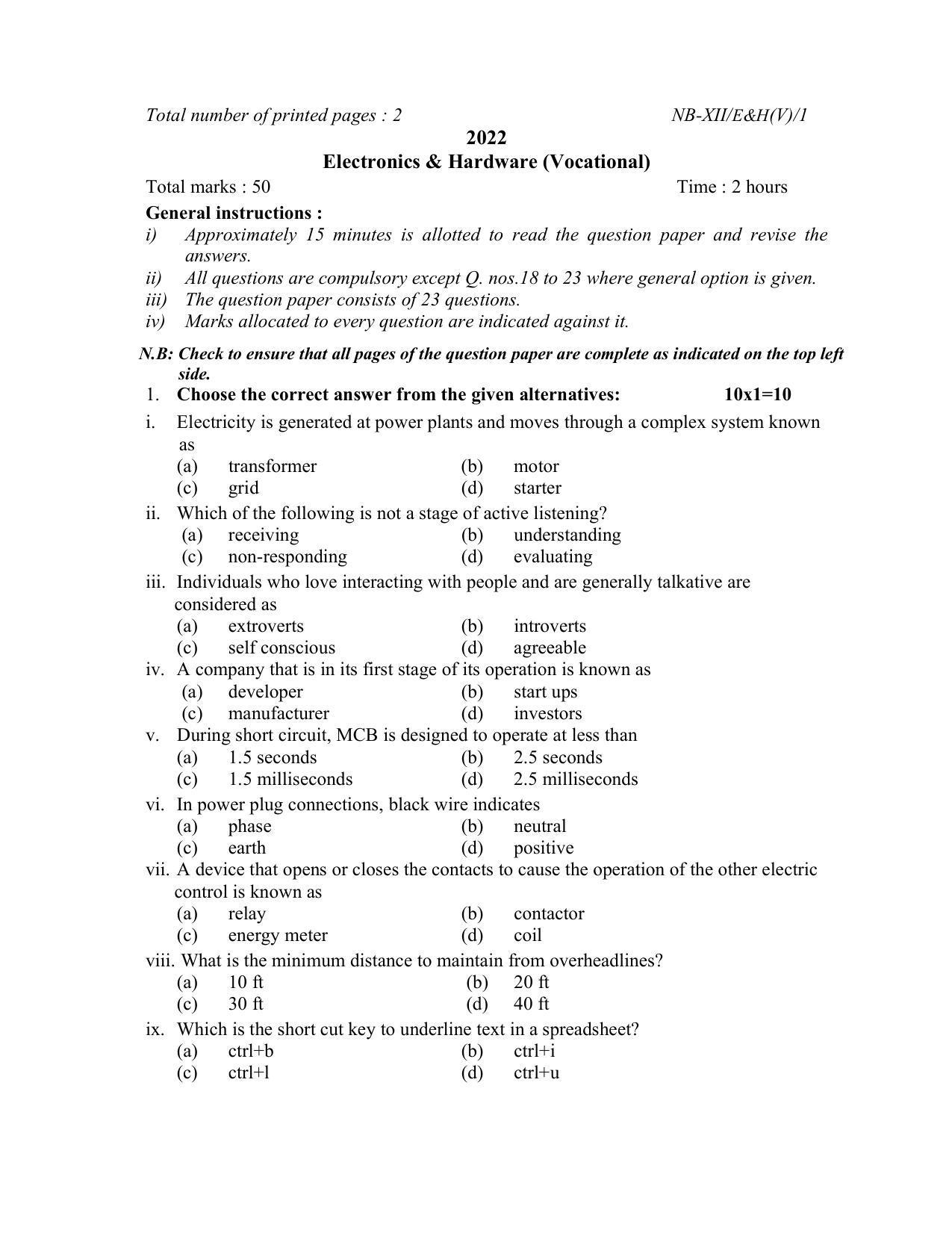 Nagaland Board Class 12 Electronics and Hardware 2022 Question Paper - Page 1