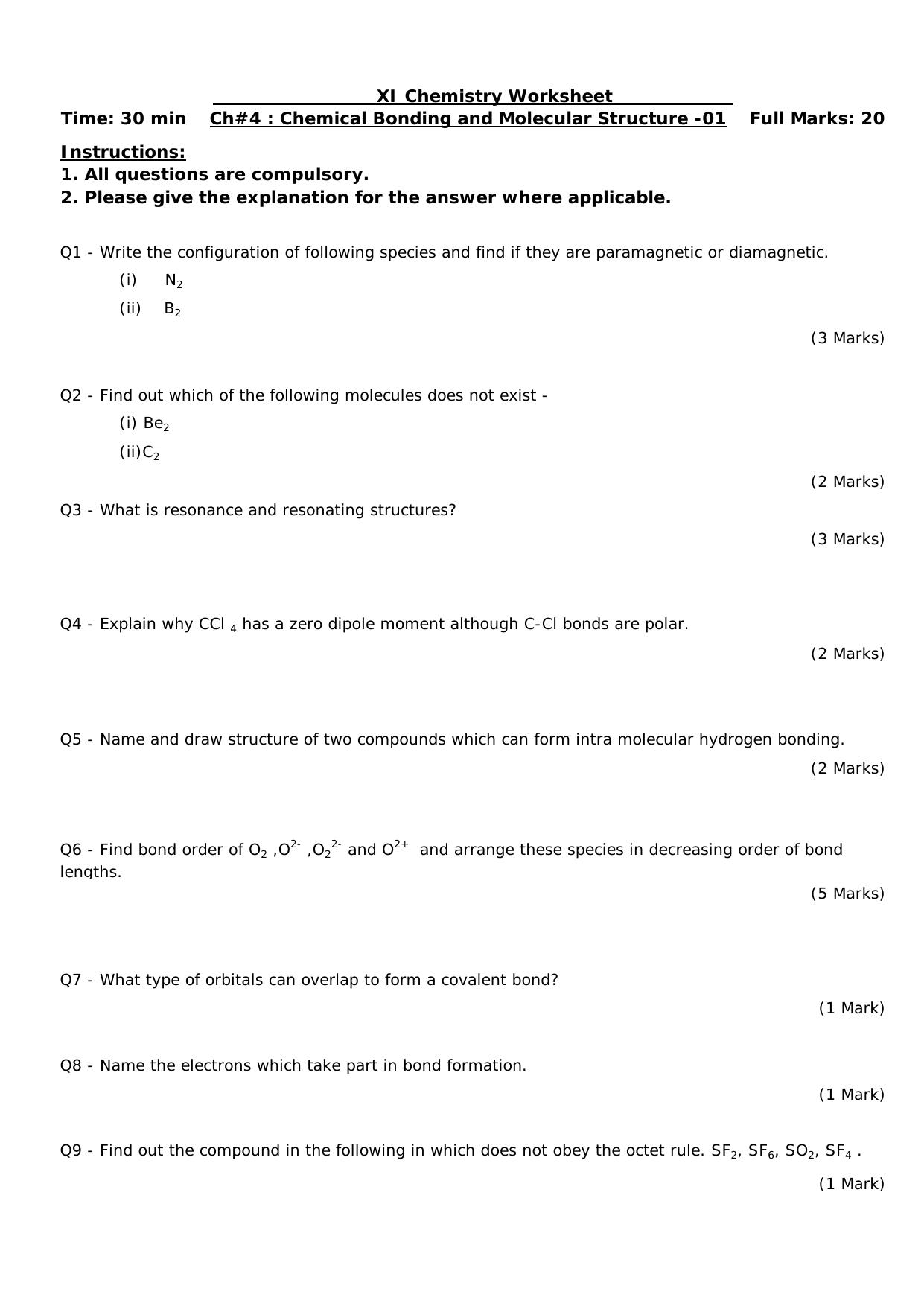 CBSE Worksheets for Class 11 Chemistry Chemical Bonding and Molecular Structure Assignment 1 - Page 1