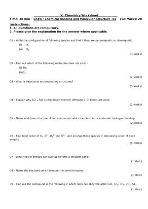 CBSE Worksheets for Class 11 Chemistry Chemical Bonding and Molecular Structure Assignment 1