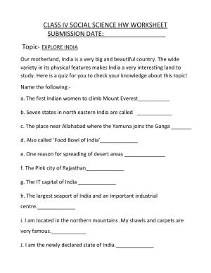Worksheet for Class 4 Social Science Explore India Assignment