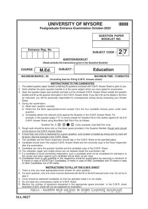 Mysore University PG Entrance Exam 2022: Education Question Paper