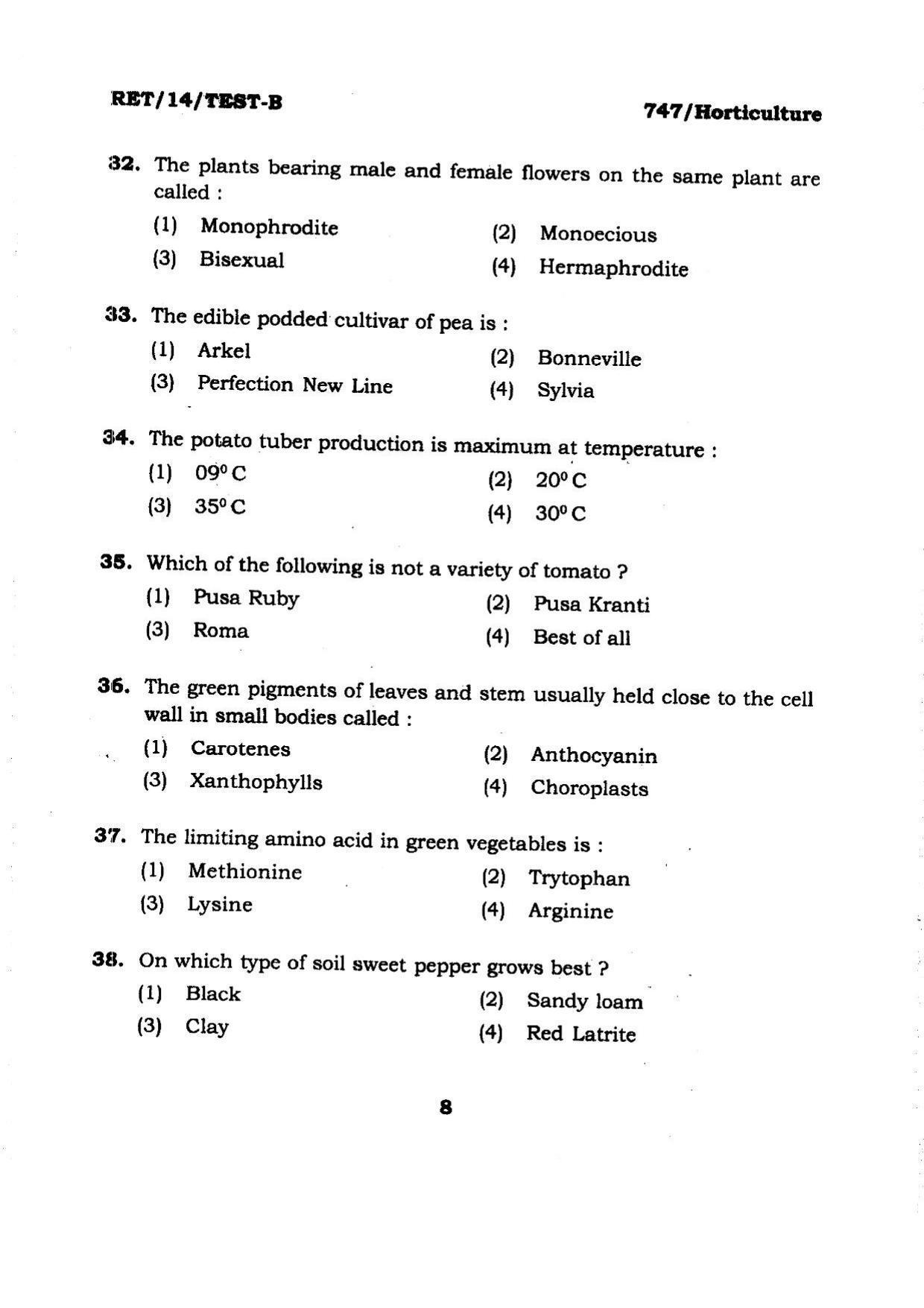 BHU RET Horticulture 2014 Question Paper - Page 8