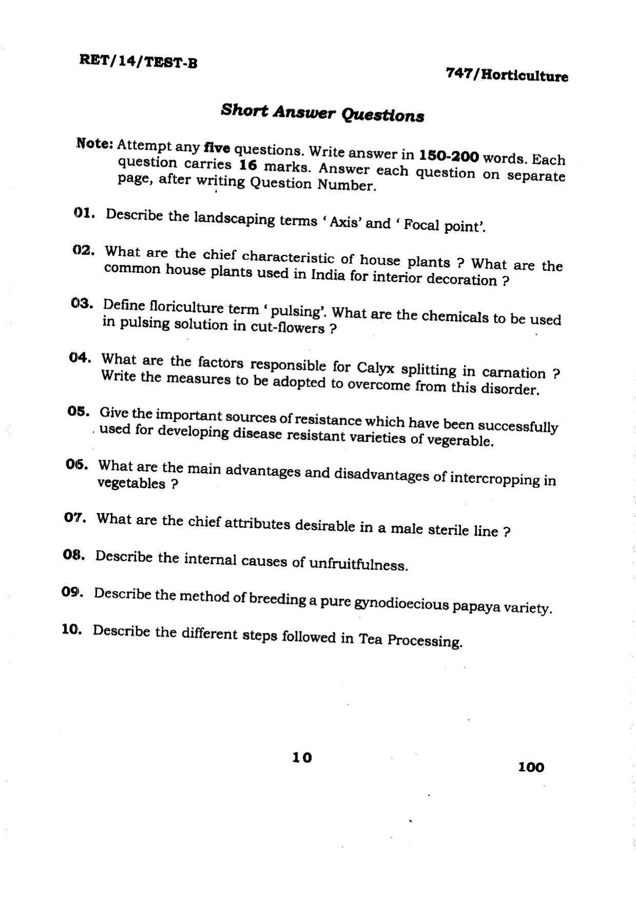 BHU RET Horticulture 2014 Question Paper - Page 10