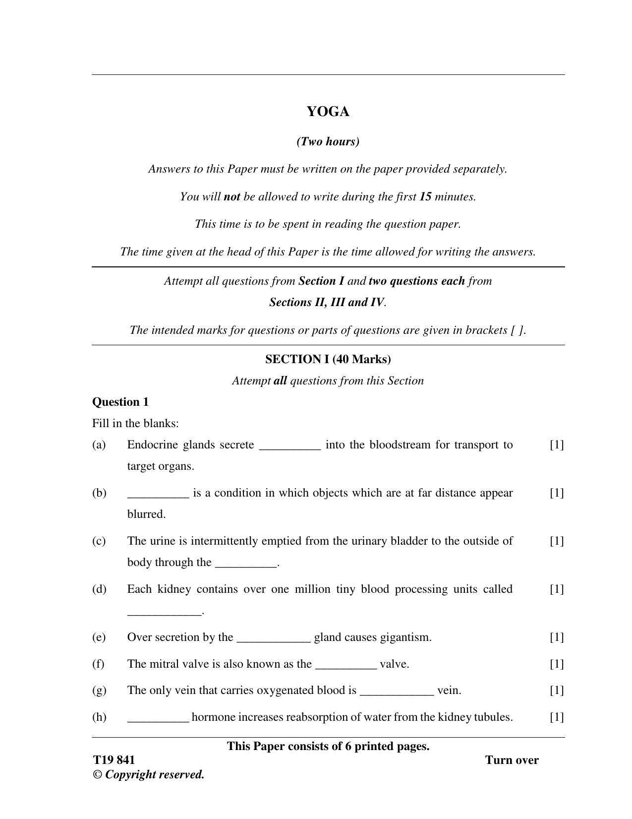 ICSE Class 10 Yoga 2019 Question Paper - Page 1