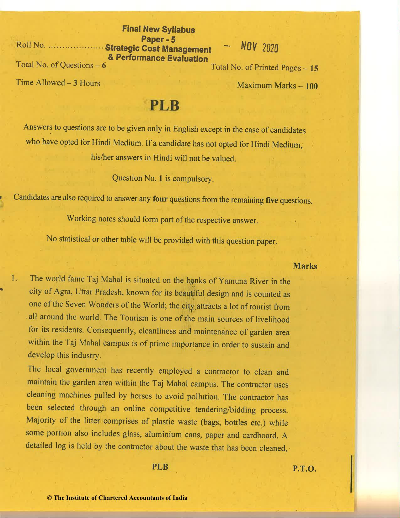 CA Final Nov 2020 Question Paper - Paper 5 – Strategic Cost Management and Performance Evaluation - Page 1