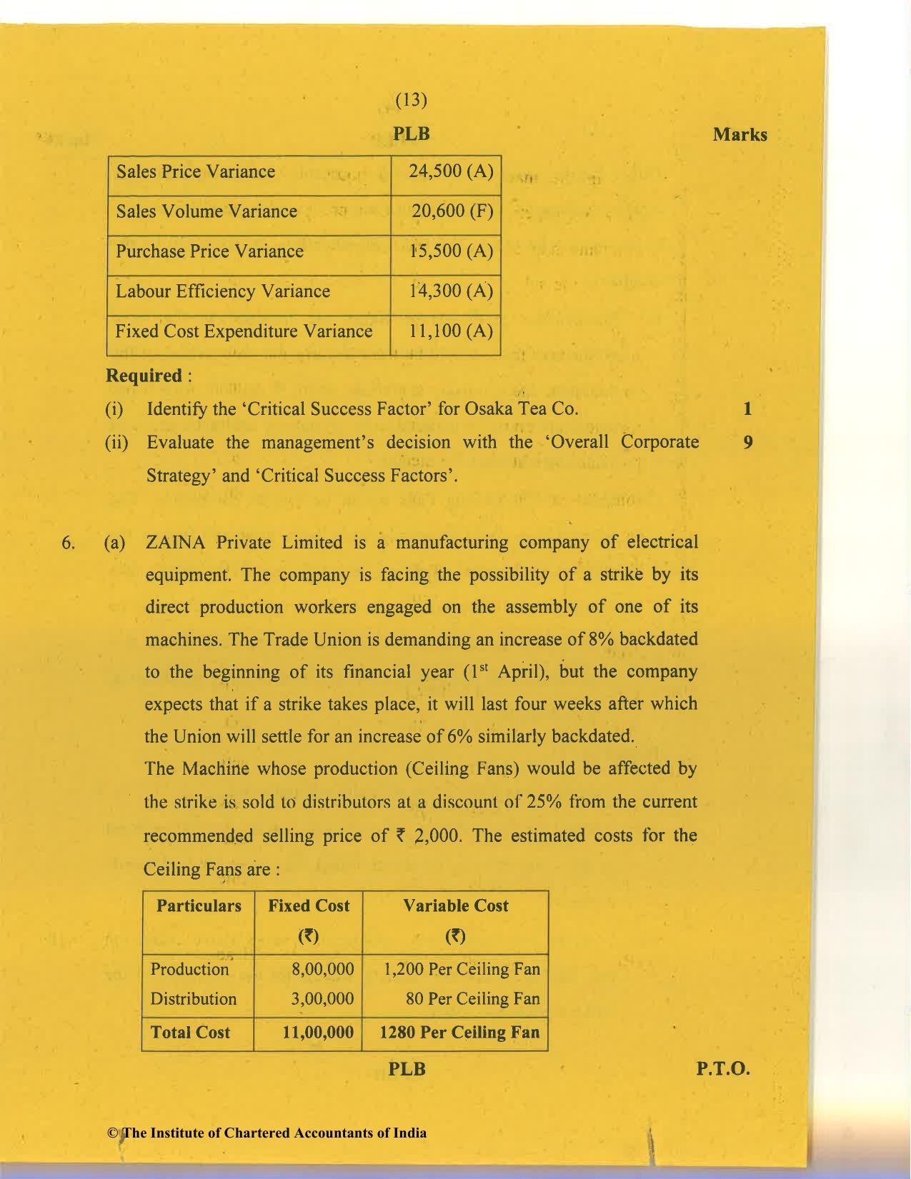 CA Final Nov 2020 Question Paper - Paper 5 – Strategic Cost Management and Performance Evaluation - Page 13