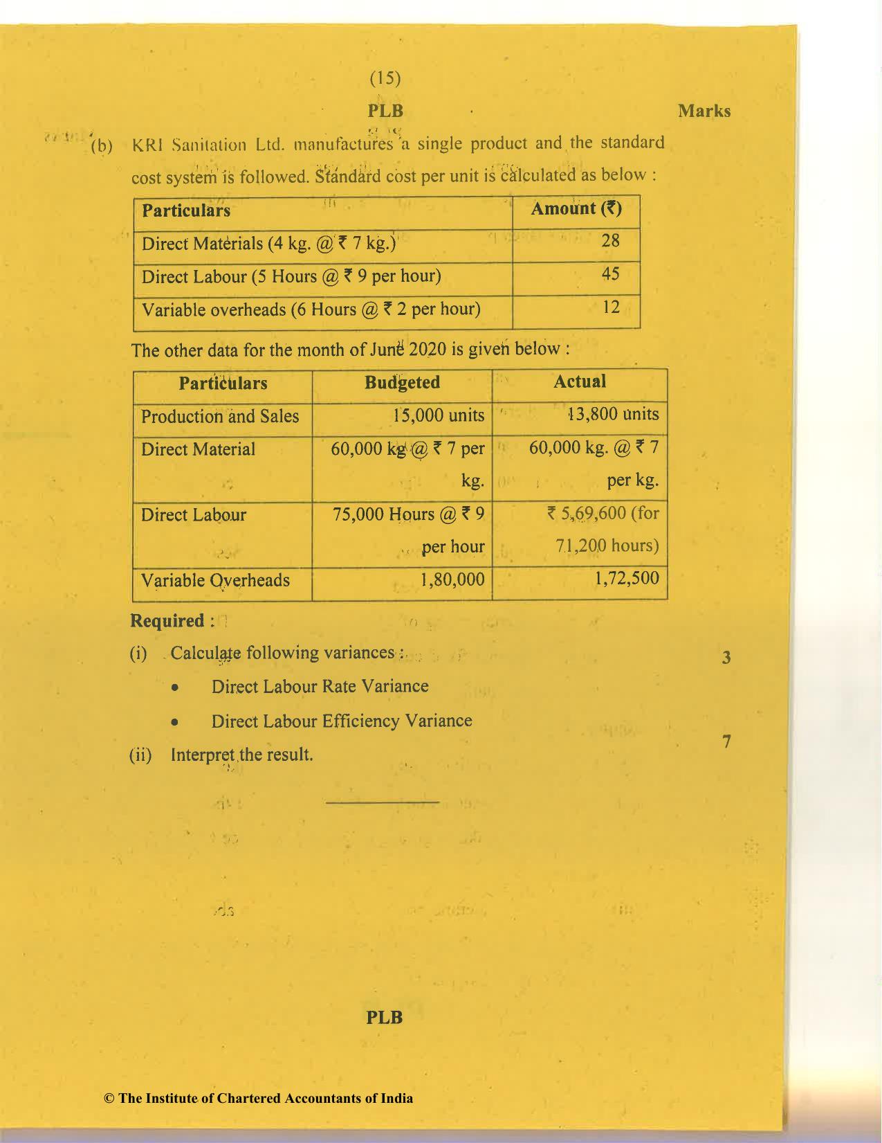 CA Final Nov 2020 Question Paper - Paper 5 – Strategic Cost Management and Performance Evaluation - Page 15
