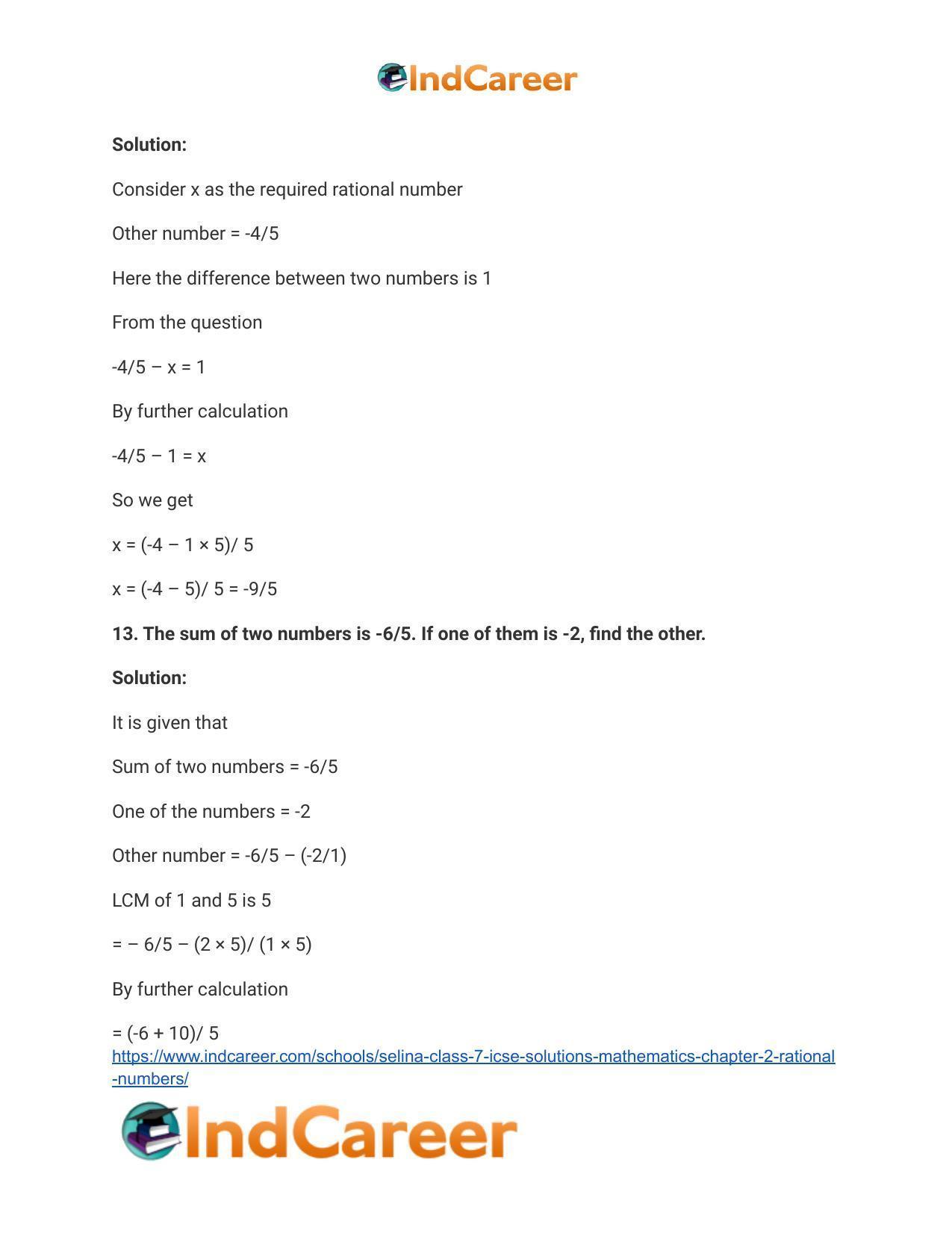 Selina Class 7 ICSE Solutions Mathematics : Chapter 2- Rational Numbers - Page 50