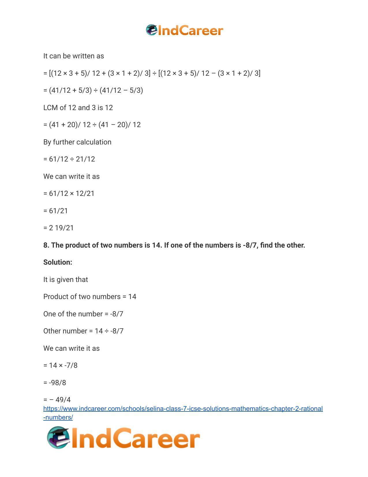 Selina Class 7 ICSE Solutions Mathematics : Chapter 2- Rational Numbers - Page 71