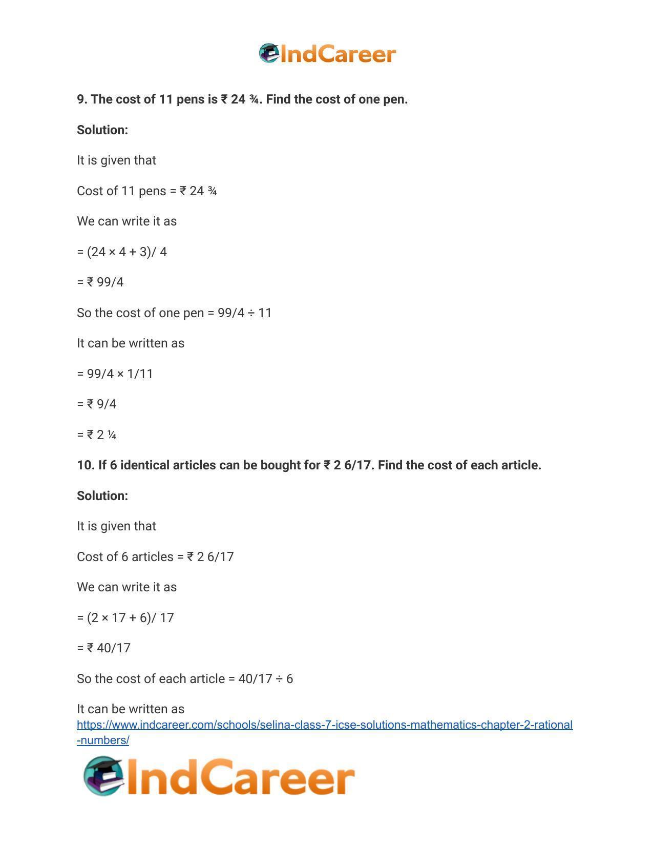Selina Class 7 ICSE Solutions Mathematics : Chapter 2- Rational Numbers - Page 72