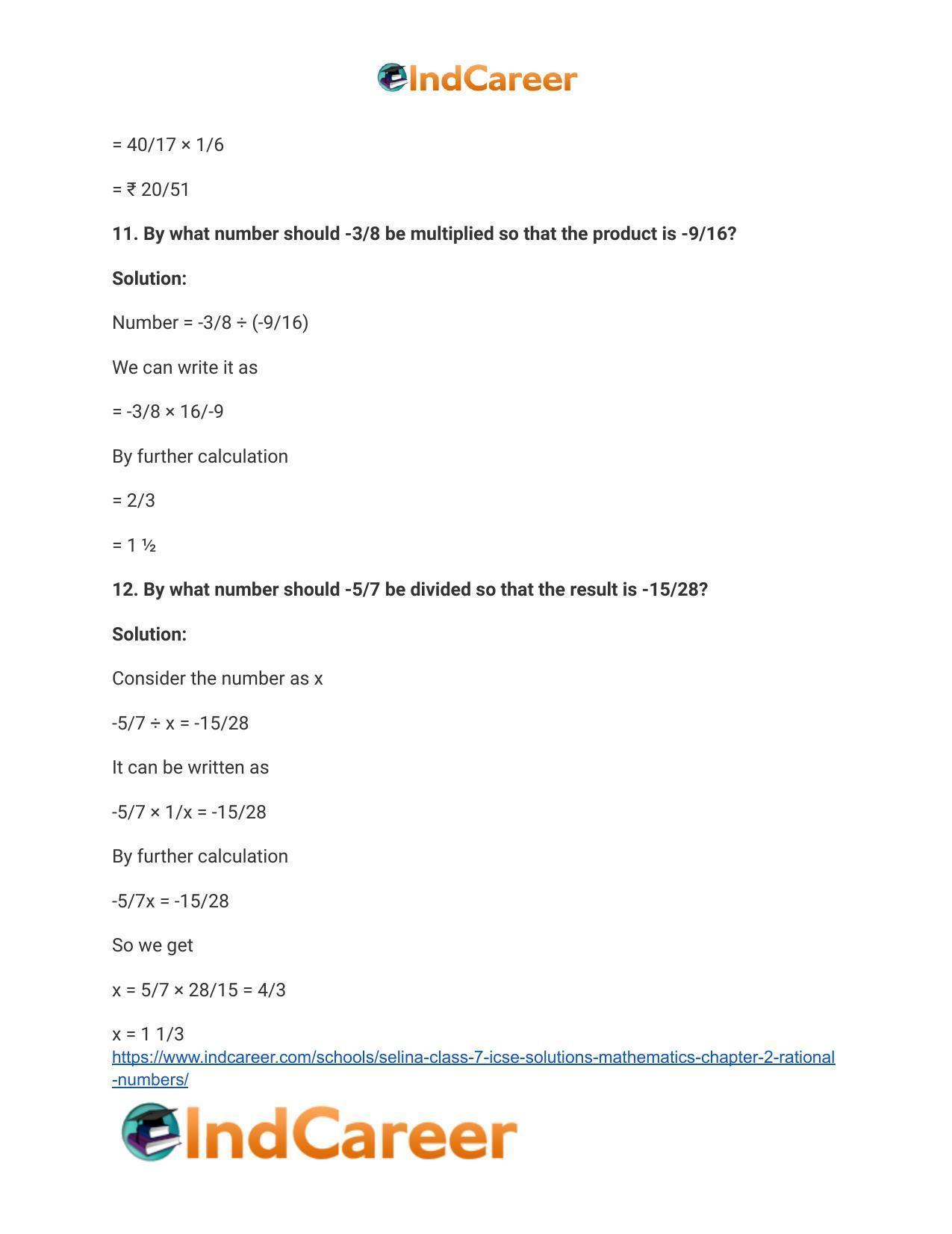 Selina Class 7 ICSE Solutions Mathematics : Chapter 2- Rational Numbers - Page 73