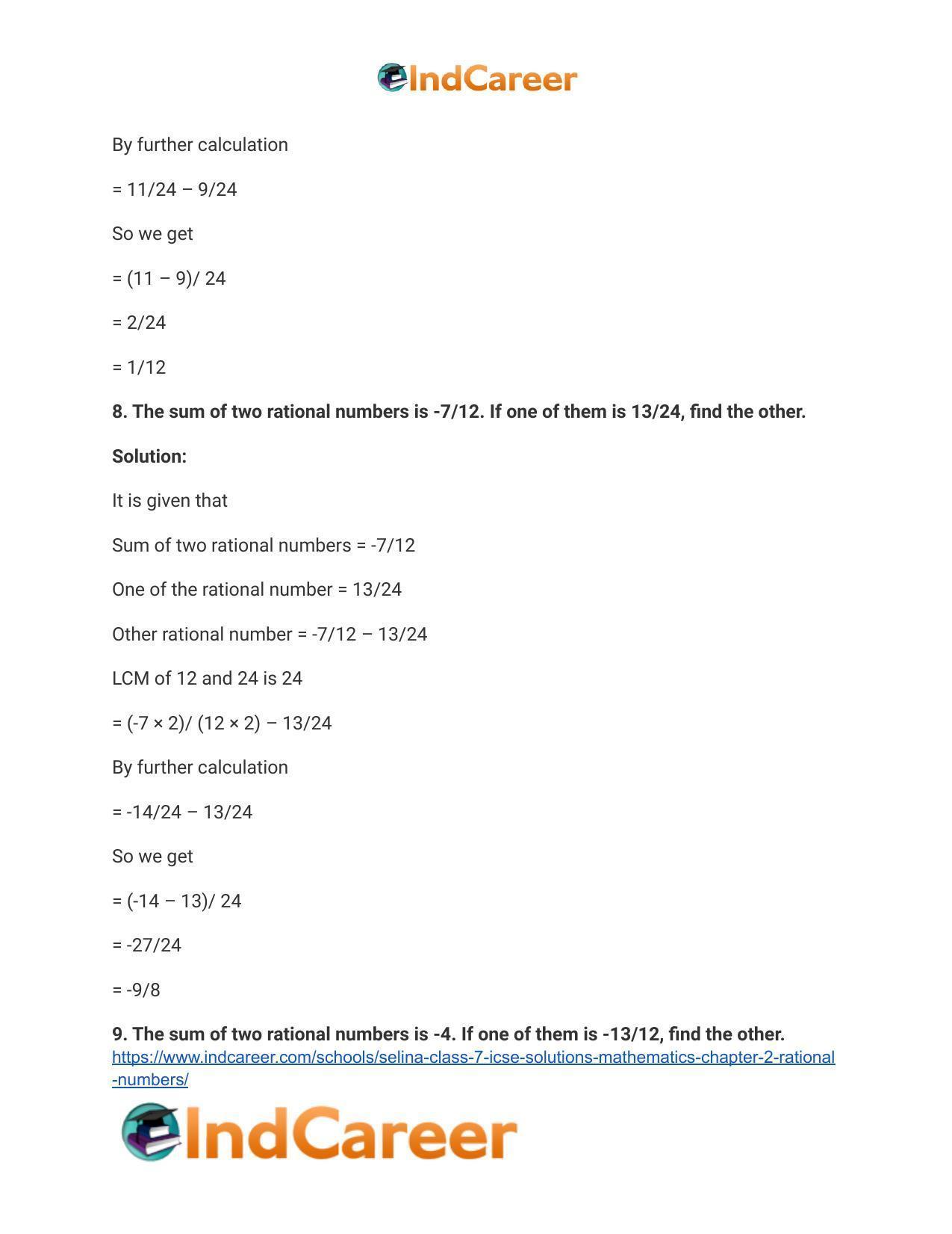 Selina Class 7 ICSE Solutions Mathematics : Chapter 2- Rational Numbers - Page 121