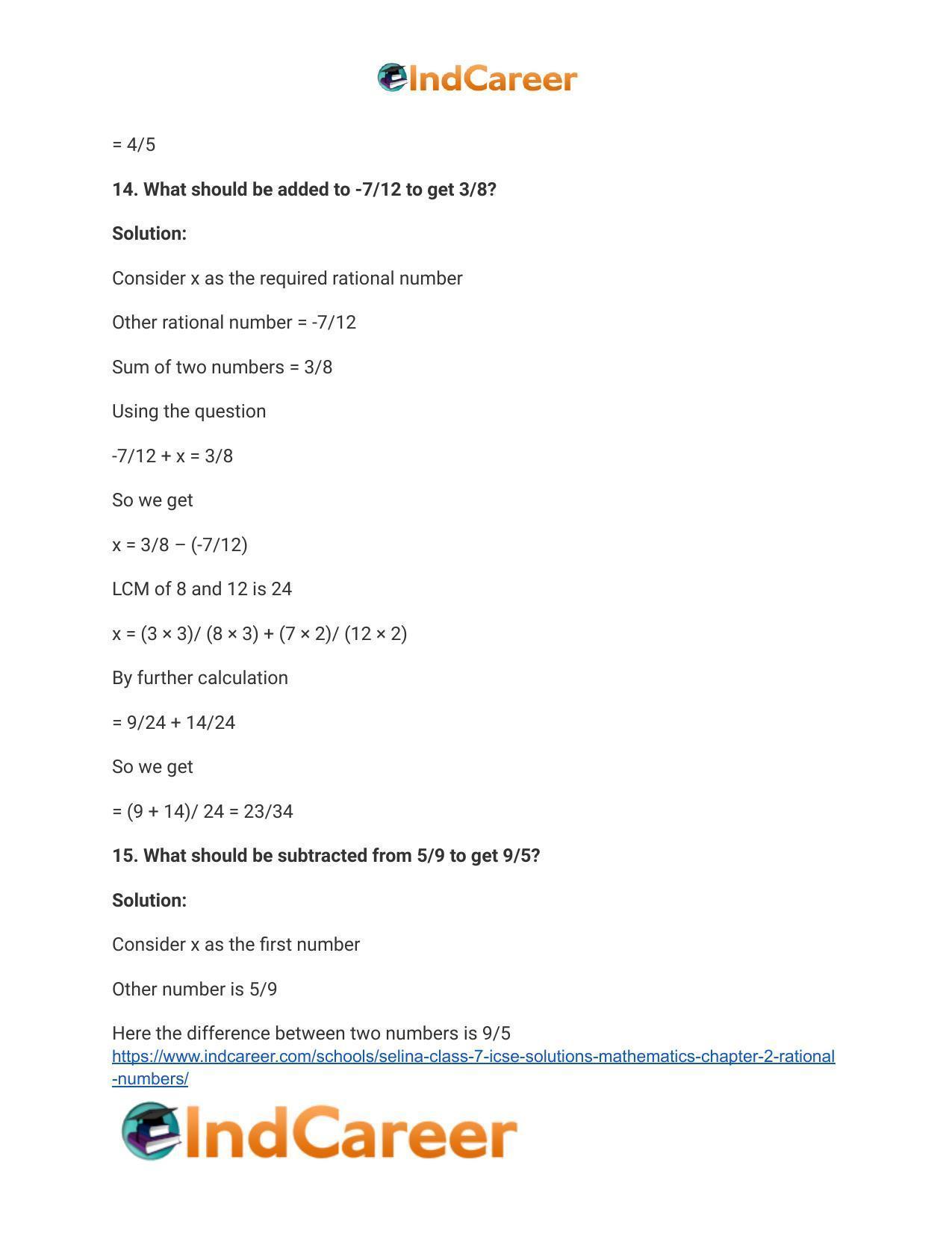 Selina Class 7 ICSE Solutions Mathematics : Chapter 2- Rational Numbers - Page 125