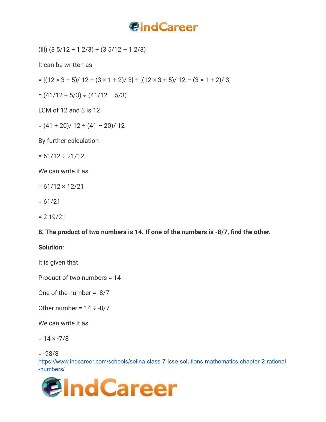 Selina Class 7 ICSE Solutions Mathematics : Chapter 2- Rational Numbers - Page 145