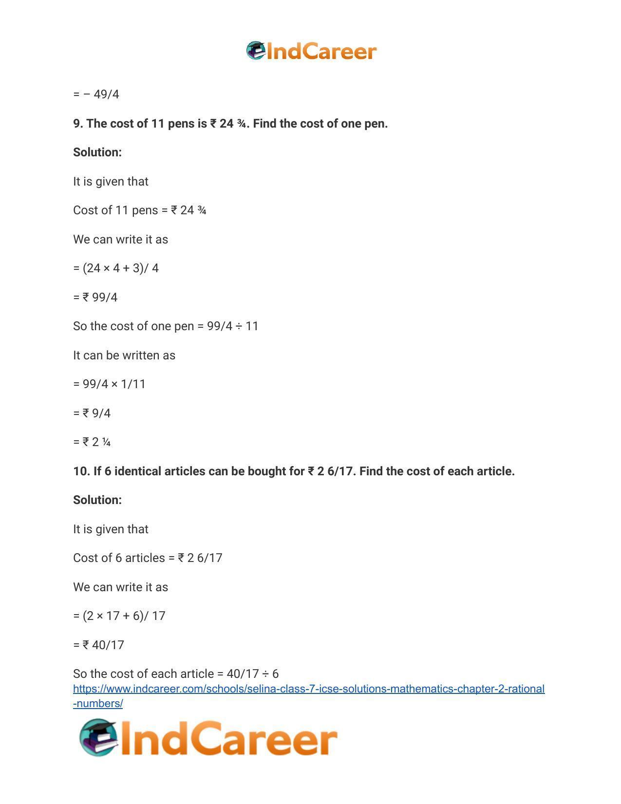 Selina Class 7 ICSE Solutions Mathematics : Chapter 2- Rational Numbers - Page 146