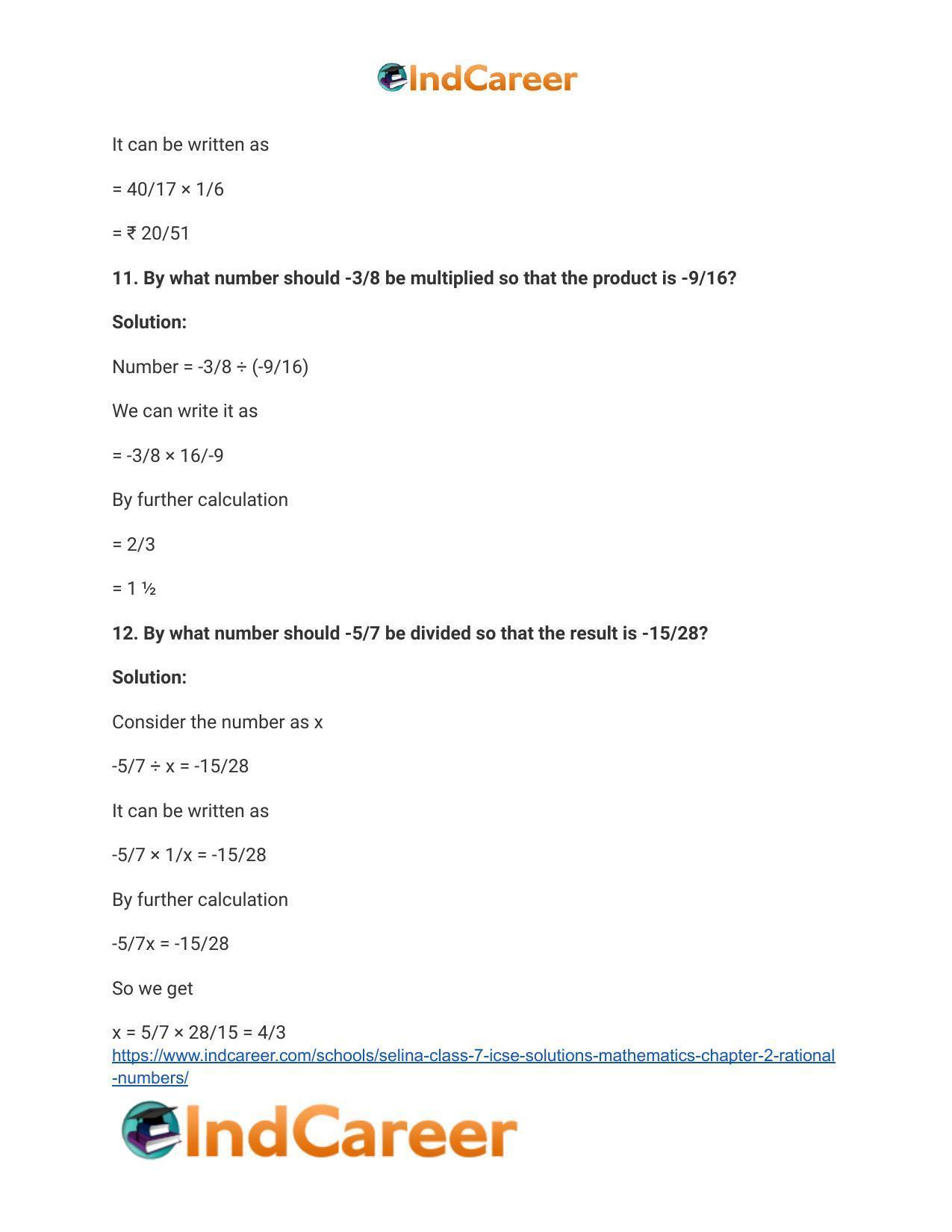 Selina Class 7 ICSE Solutions Mathematics : Chapter 2- Rational Numbers - Page 147