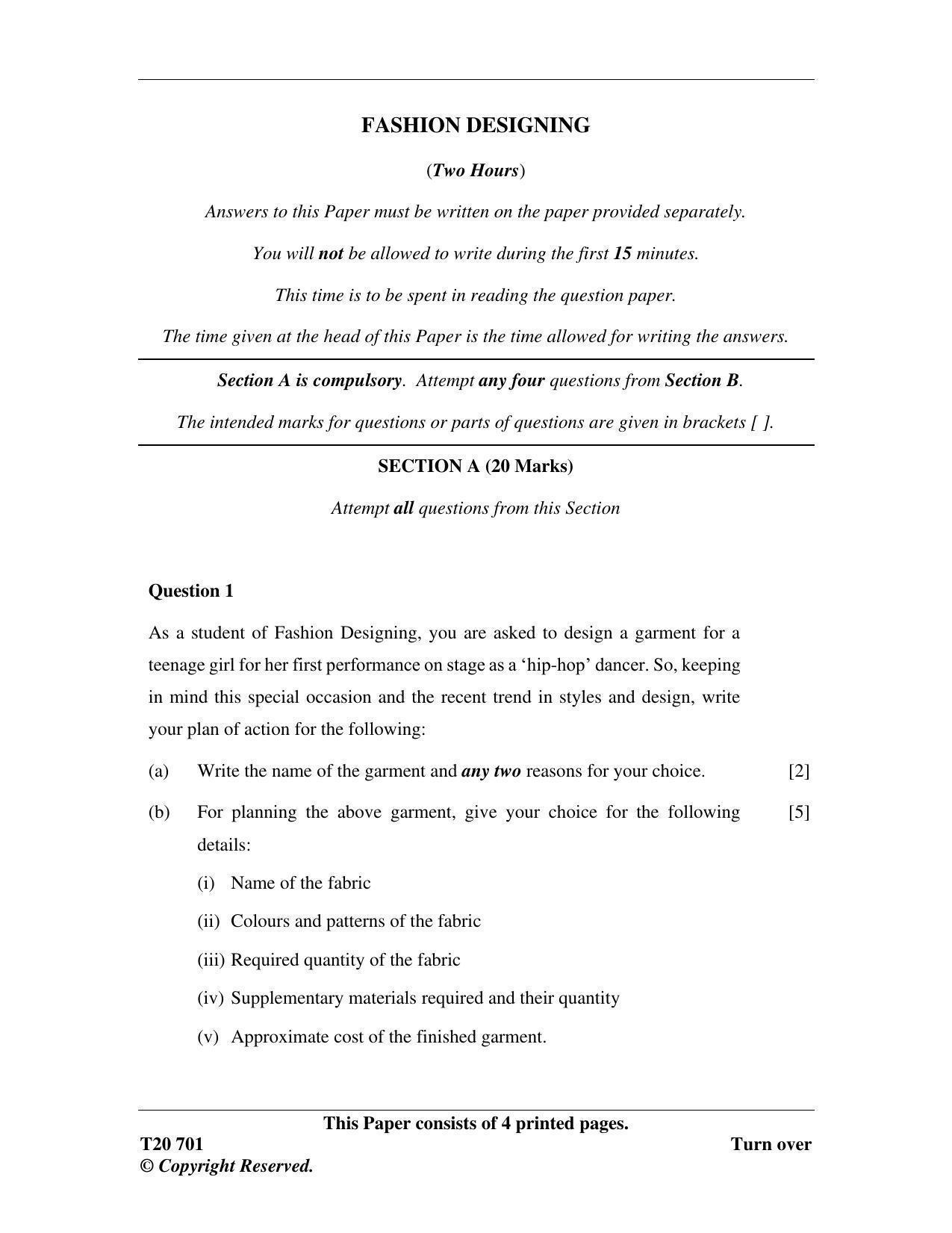 ICSE Class 10 Fashion Designing 2020 Question Paper - Page 1