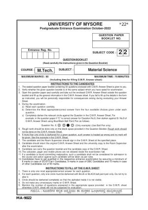 Mysore University PG Entrance Exam 2022: M.Tech Material Science Question Paper