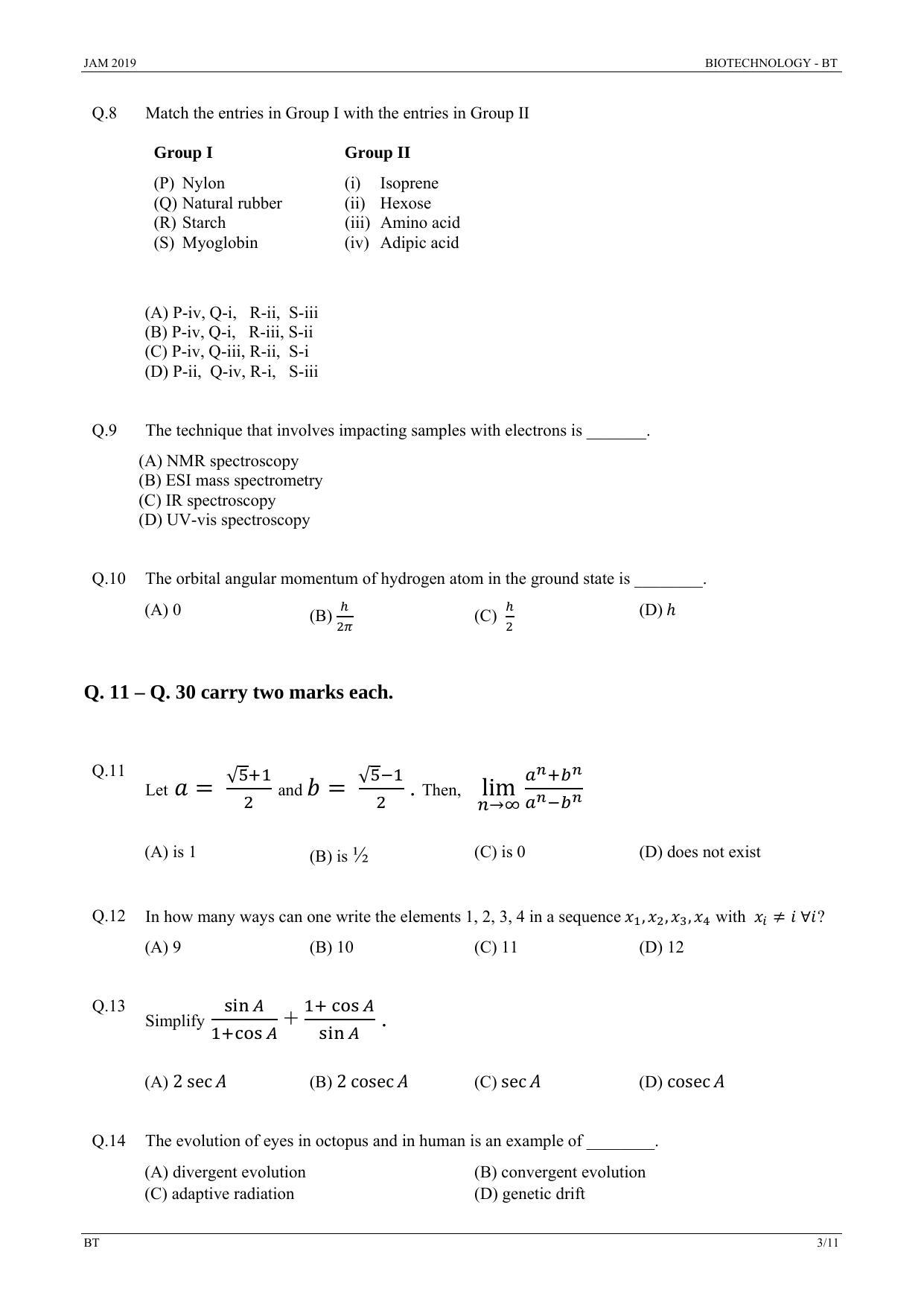 JAM 2019: BT Question Paper - Page 3