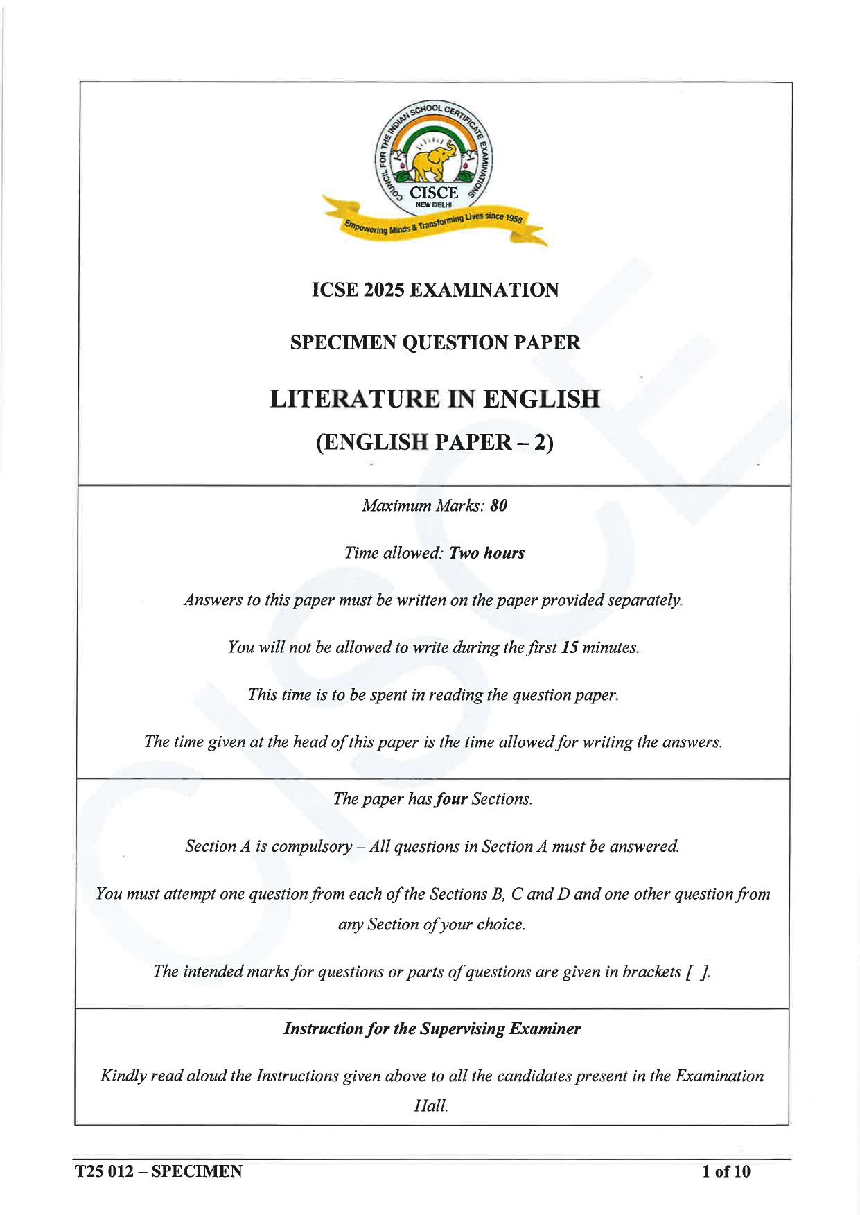 ICSE Class 10 2025 English Language (English Paper 2) (QP & MS) Specimen Paper - Page 1