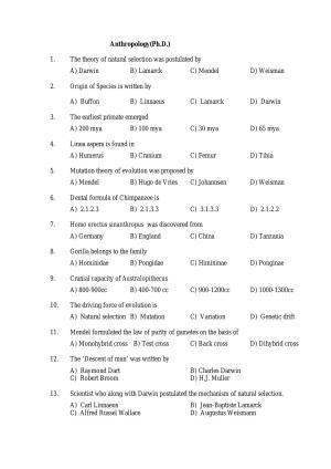 PU MPET Anthropology 2016 Question Paper