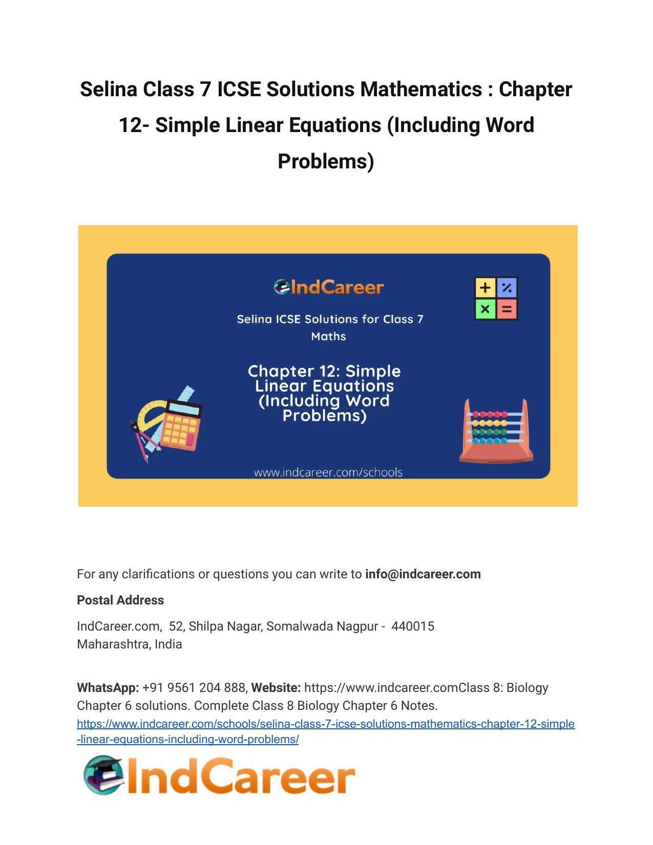 Selina Class 7 ICSE Solutions Mathematics : Chapter 12- Simple Linear Equations (Including Word Problems) - Page 1