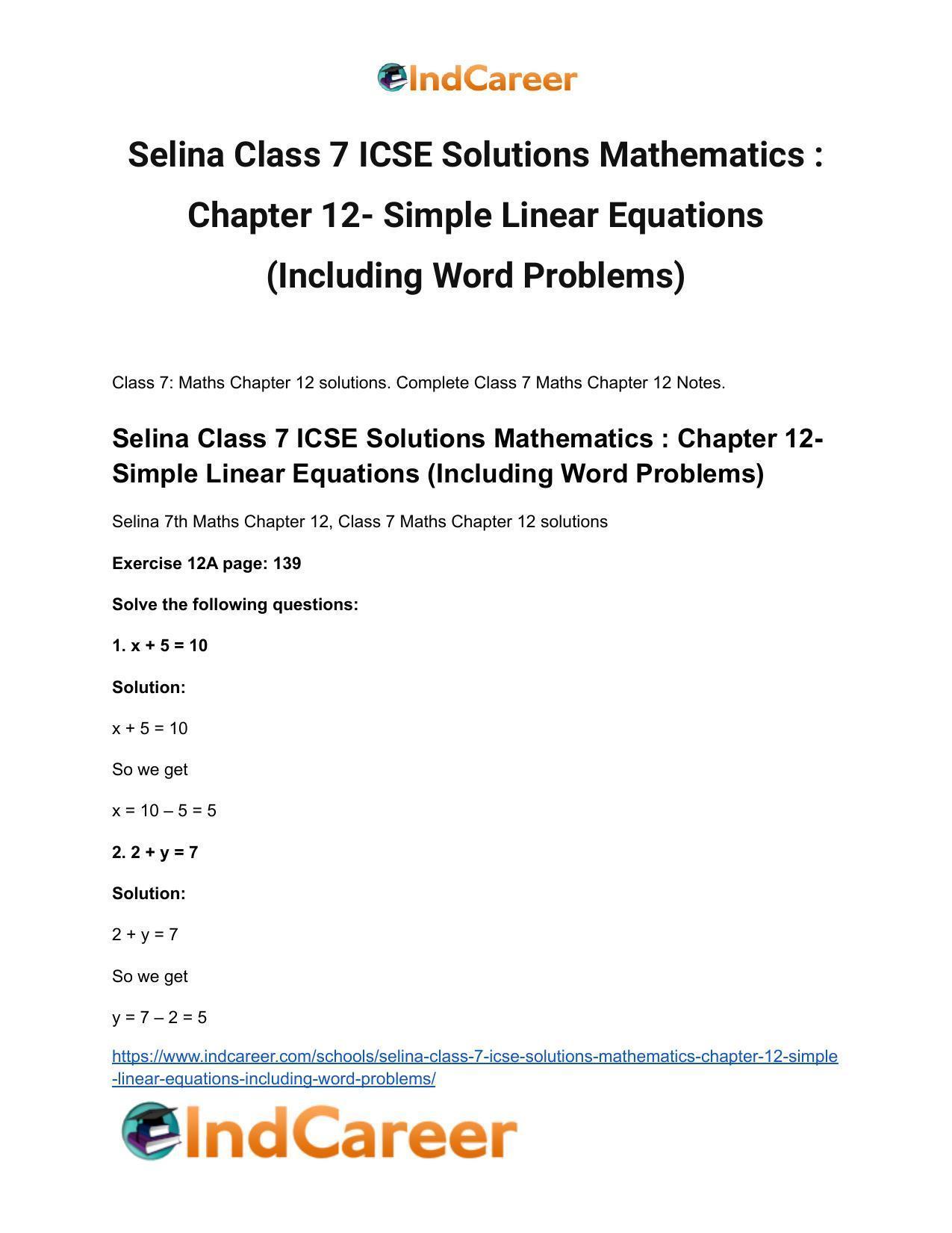 Selina Class 7 ICSE Solutions Mathematics : Chapter 12- Simple Linear Equations (Including Word Problems) - Page 2