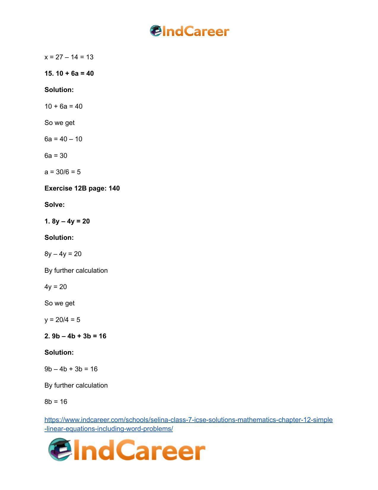 Selina Class 7 ICSE Solutions Mathematics : Chapter 12- Simple Linear Equations (Including Word Problems) - Page 6