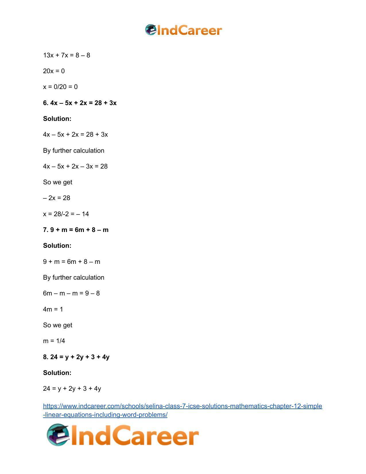 Selina Class 7 ICSE Solutions Mathematics : Chapter 12- Simple Linear Equations (Including Word Problems) - Page 8